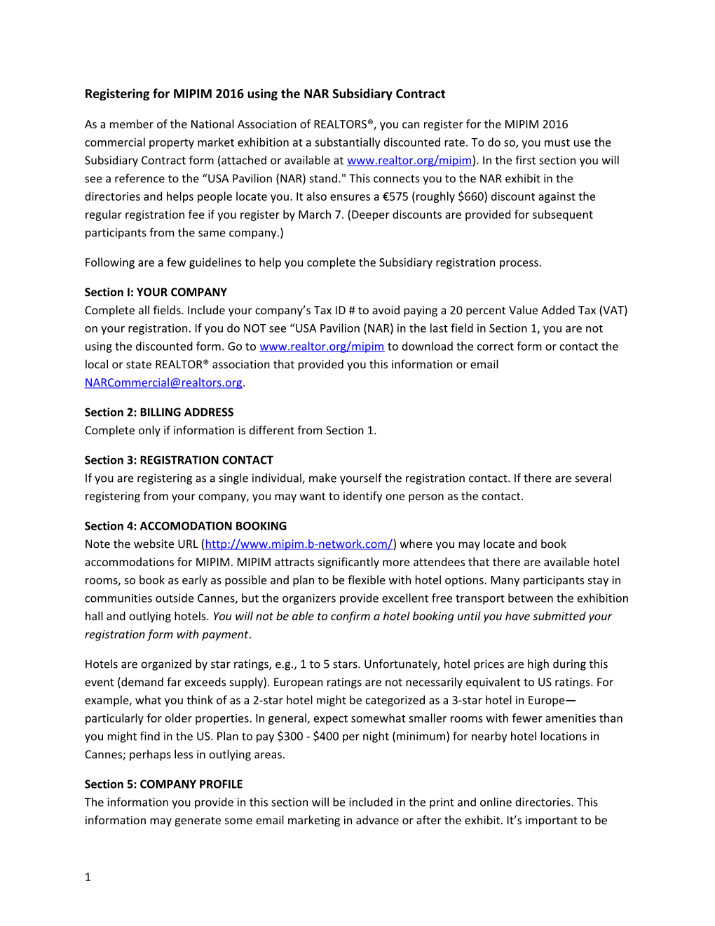 Registering for MIPIM 2016 Using the NAR Subsidiary Contract