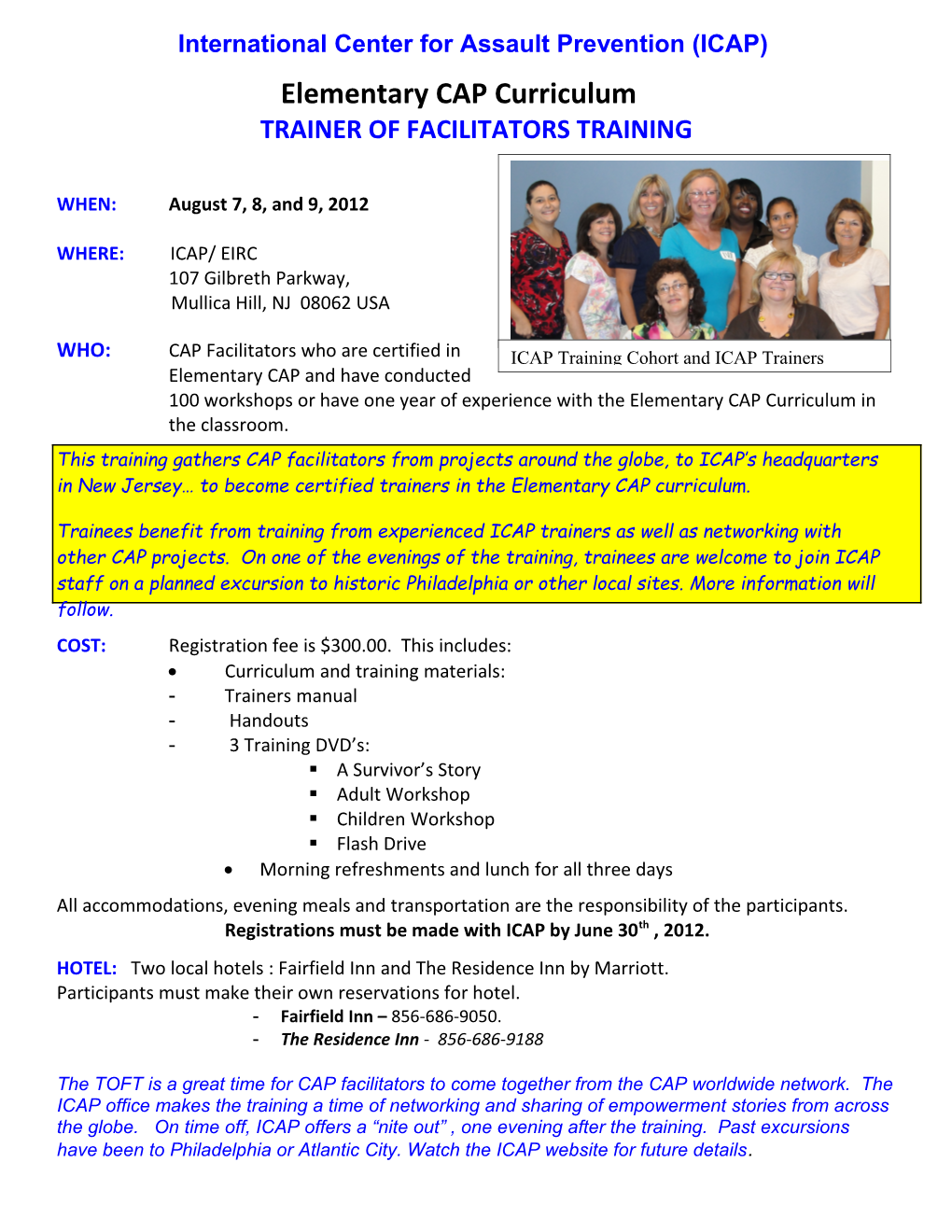 To: All Projects Registered with the National Center for Assault Prevention