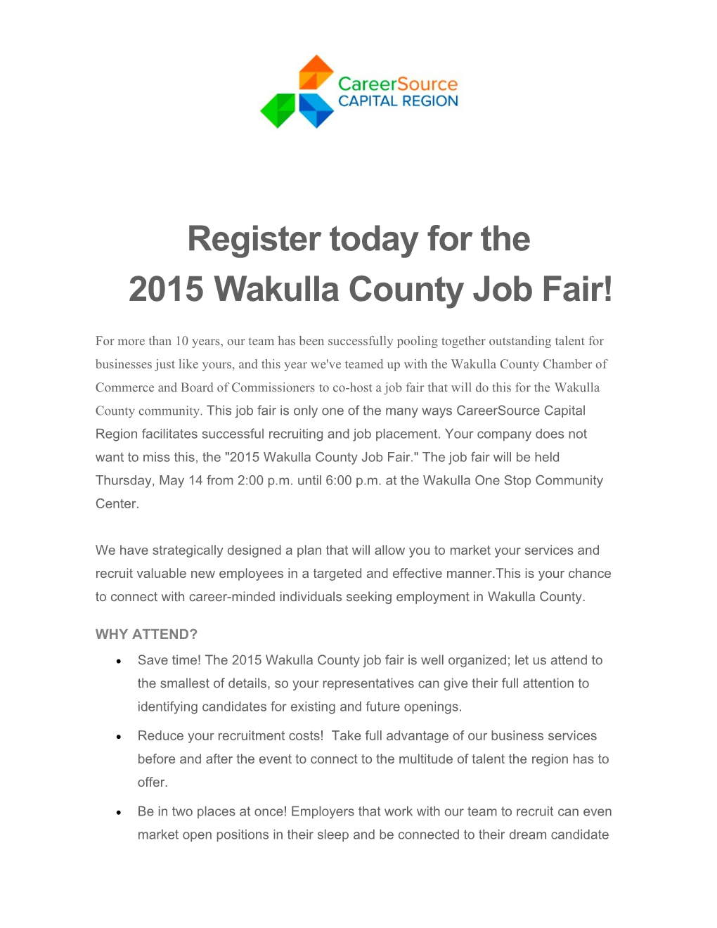 Register Today for The2015wakulla County Job Fair!