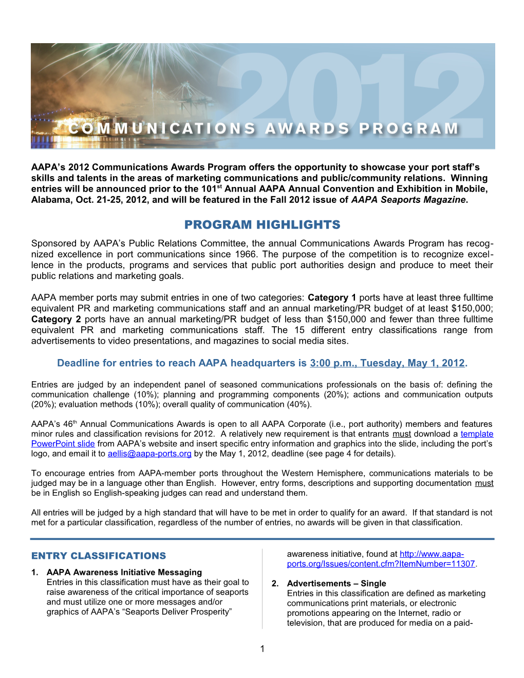 AAPA S 2012 Communications Awards Program Offers the Opportunity to Showcase Your Port