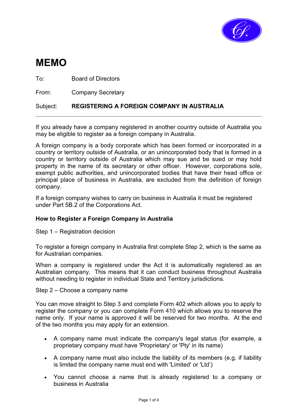 Subject: REGISTERING a FOREIGN COMPANY in AUSTRALIA