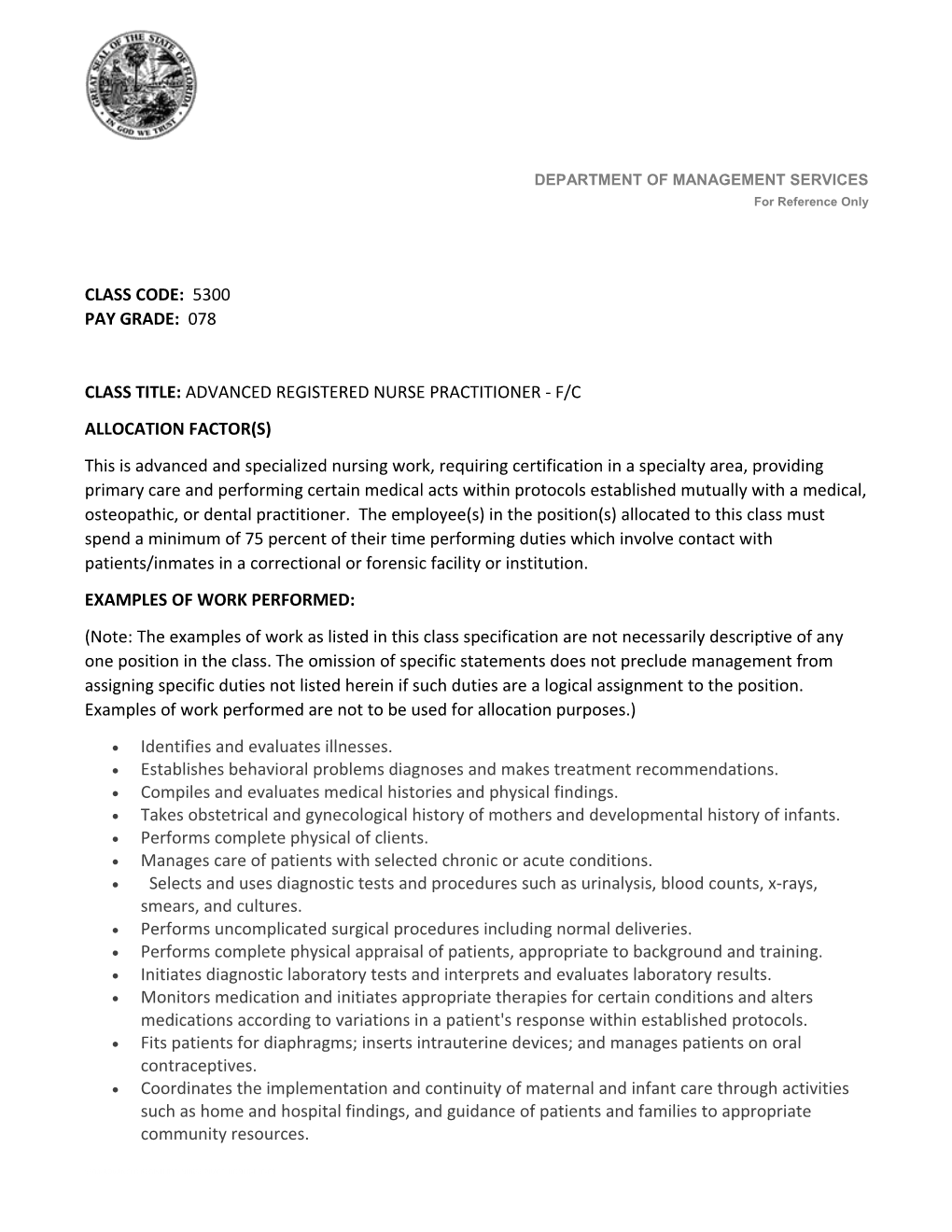 Class Title:Advanced Registered Nurse Practitioner - F/C