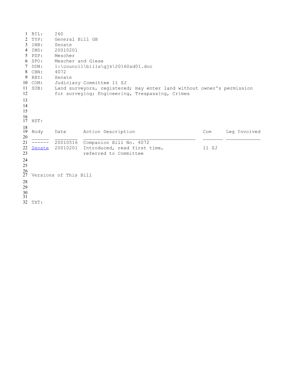 2001-2002 Bill 260: Land Surveyors, Registered; May Enter Land Without Owner's Permission