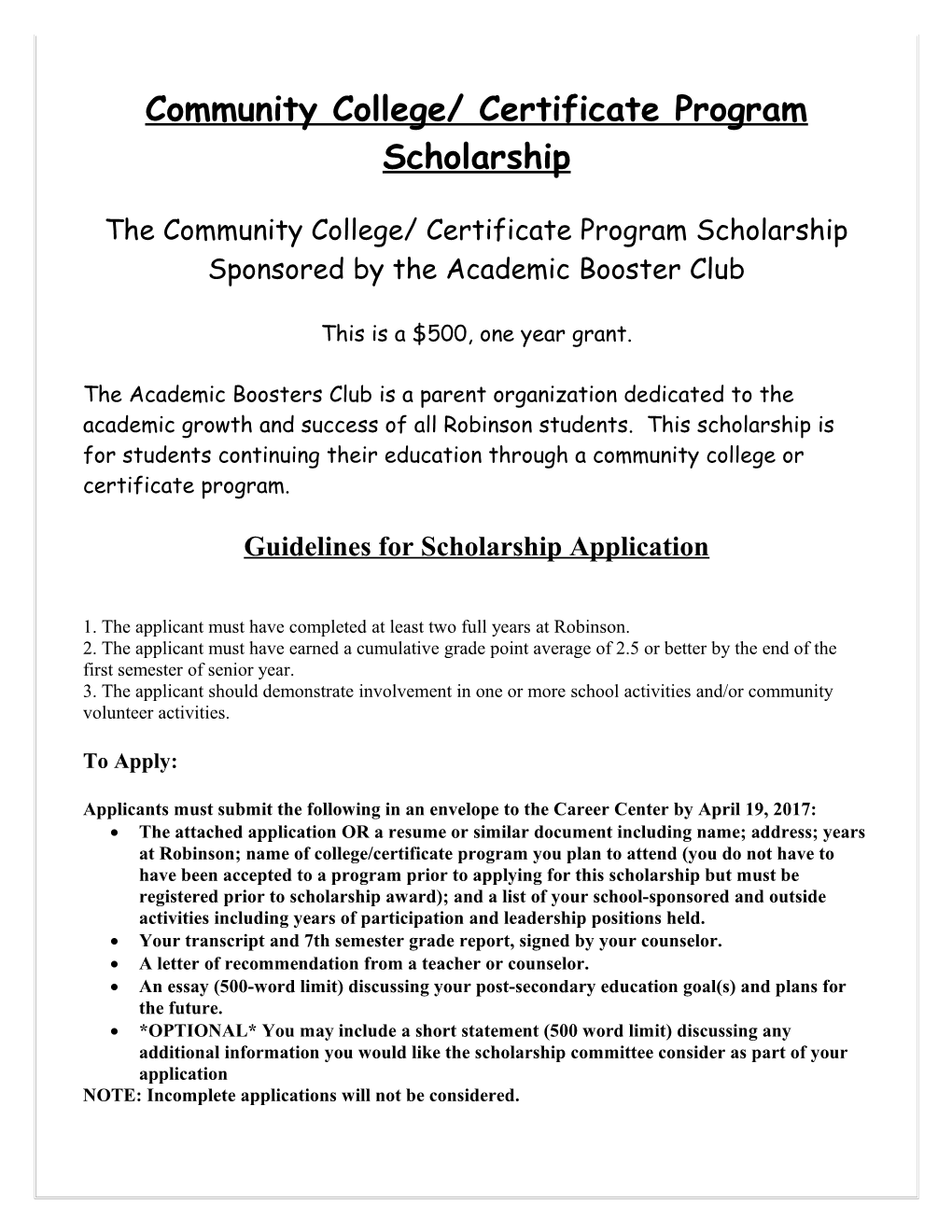 Excellence in Academics Scholarship