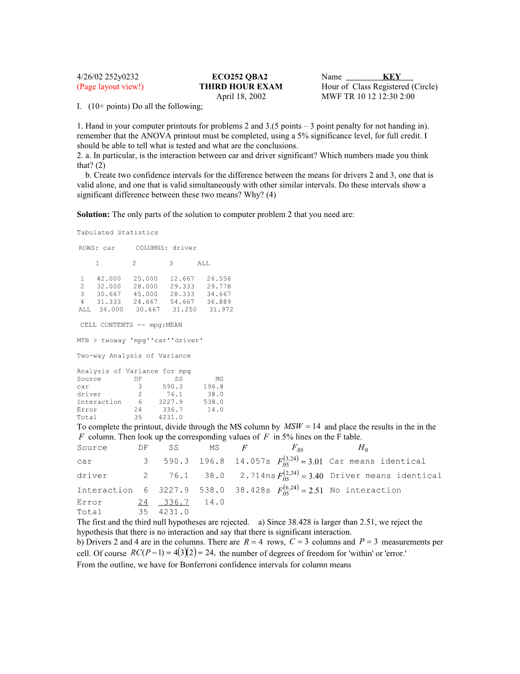 Page Layout View!) THIRD HOUR EXAM Hour of Class Registered (Circle