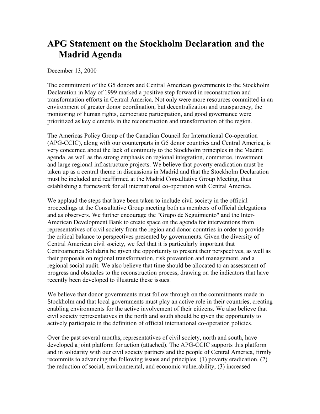APG Statement on the Stockholm Declaration and the Madrid Agenda