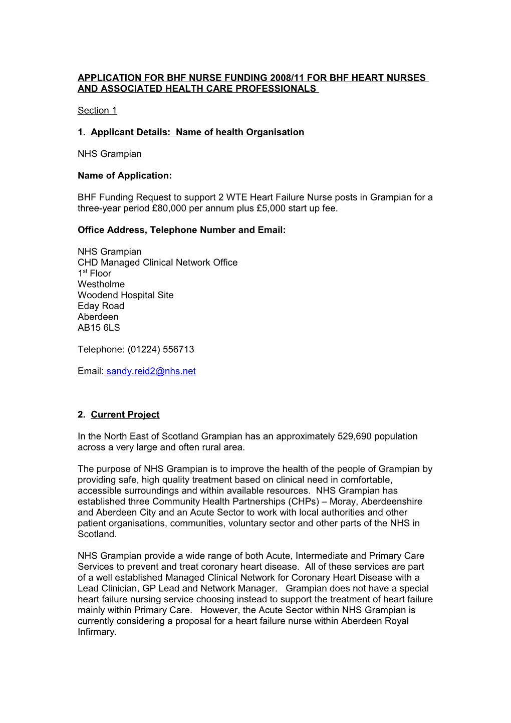 Application for Bhf Nurse Funding 2008/11 for Bhf Heart Nurses and Associated Health Care