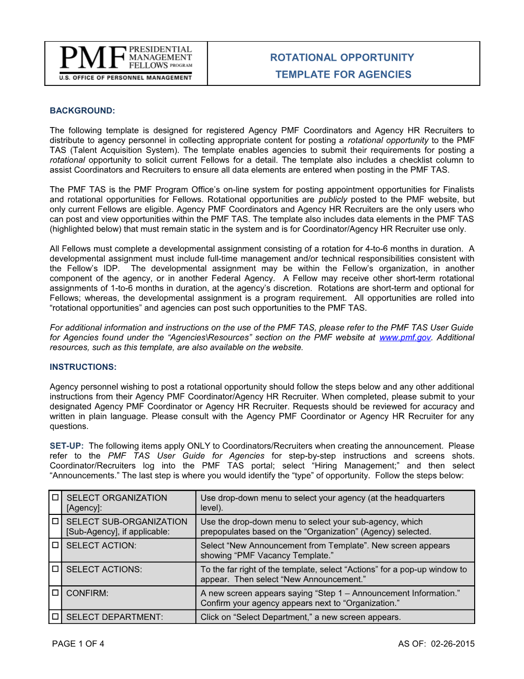 The Following Template Is Designed for Registered Agency PMF Coordinators and Agency HR