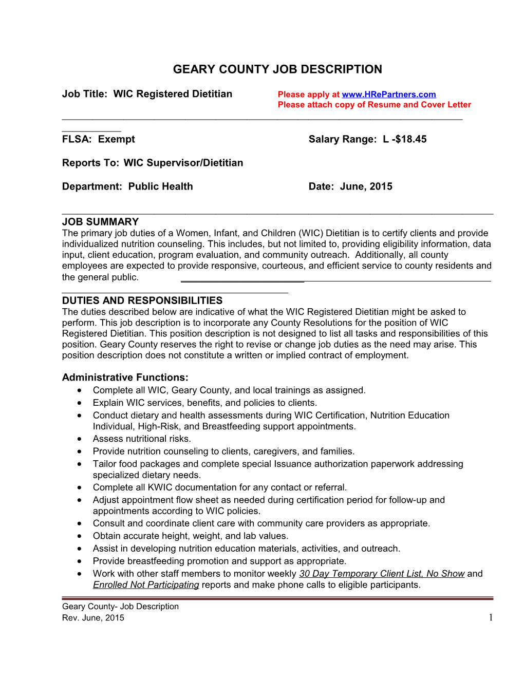 Job Title: WIC Registered Dietitian Please Apply At