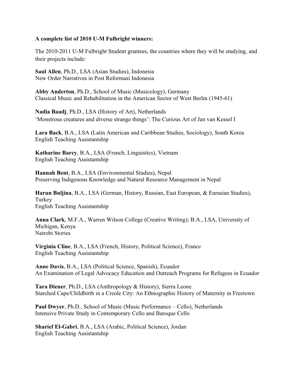 A Complete List of 2010 U-M Fulbright Winners