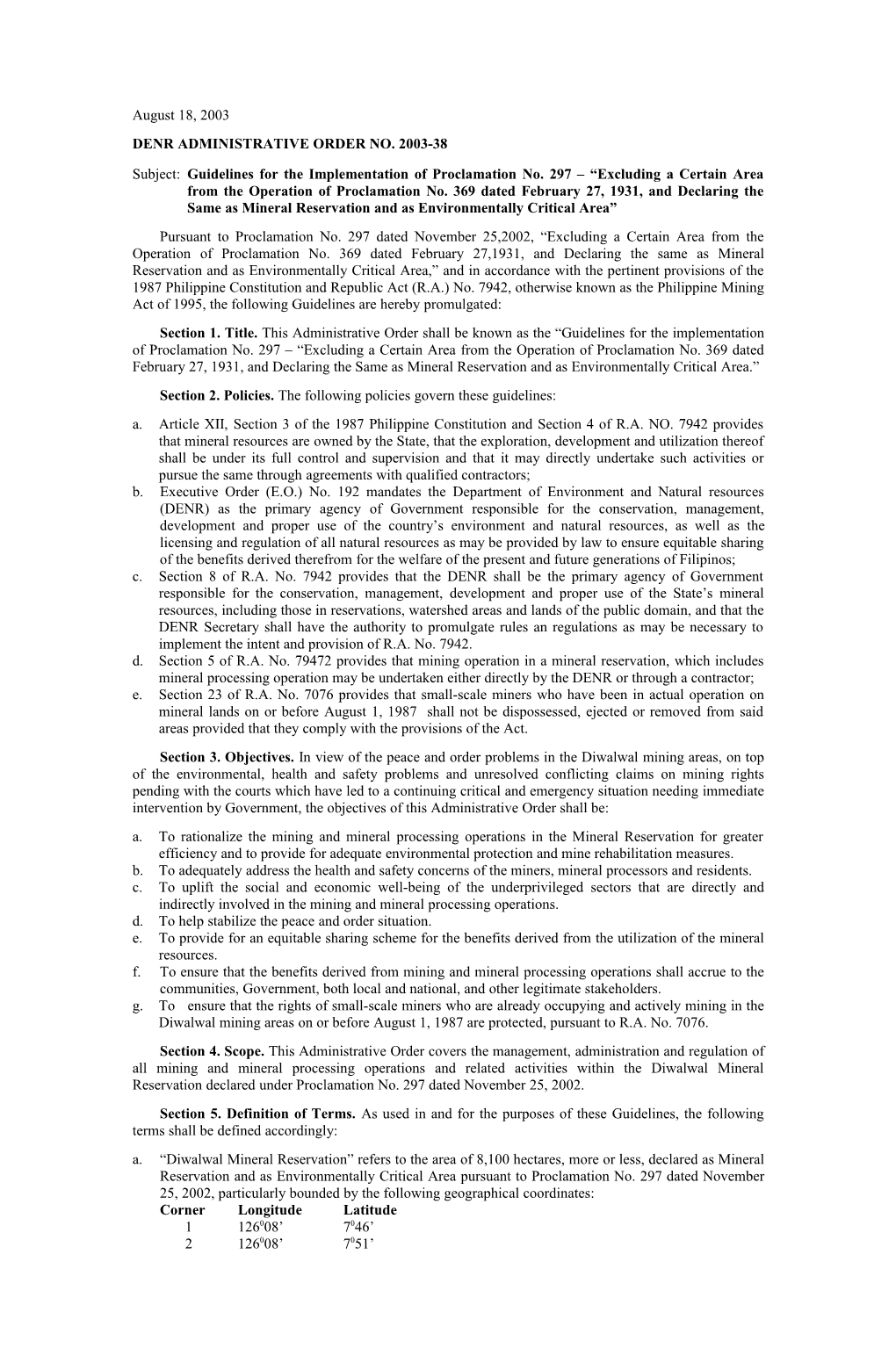 Denr Administrative Order No. 2003-38