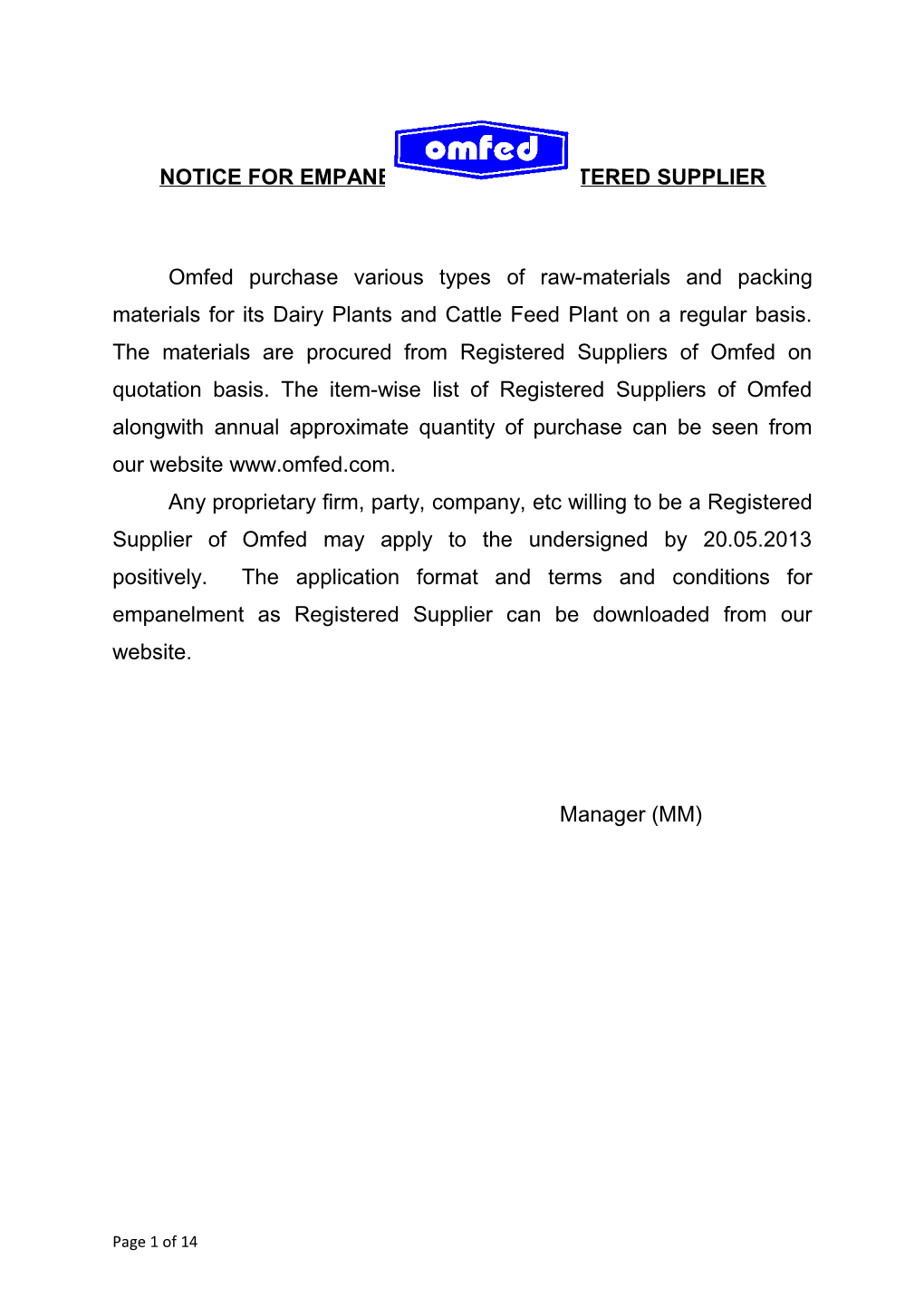 Notice for Empanelment As Registered Supplier