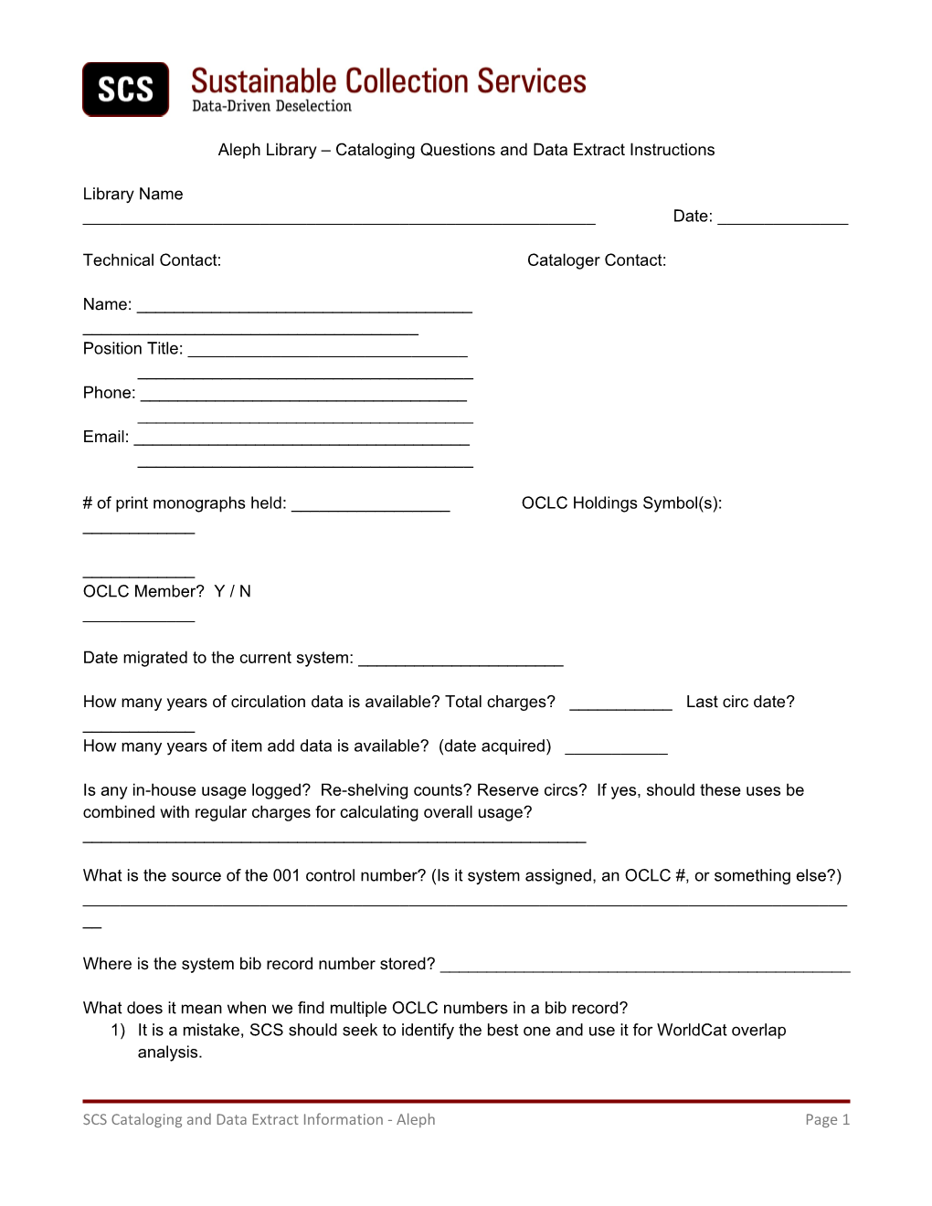 Aleph Library Cataloging Questions and Data Extract Instructions