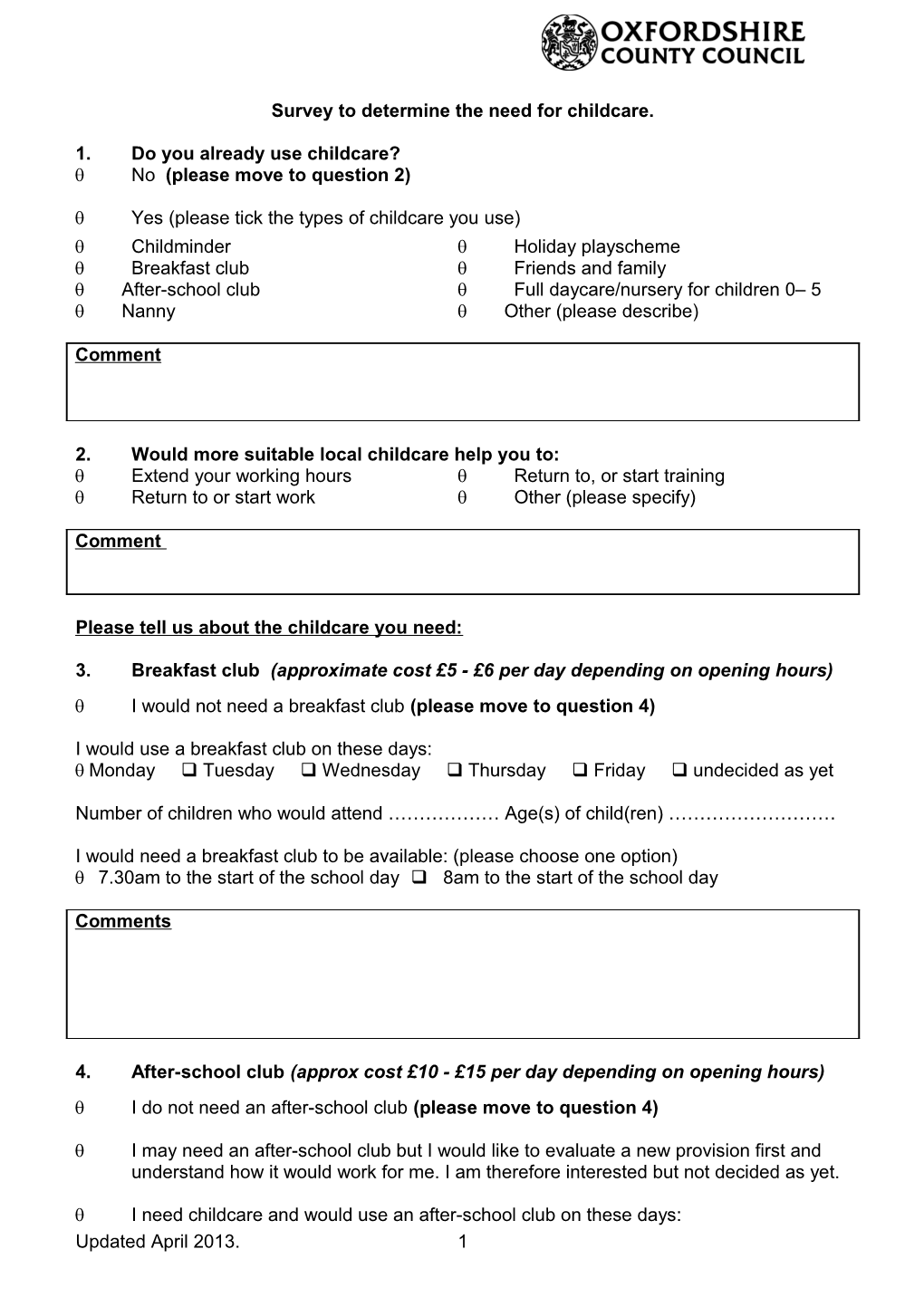 Model Questionnaire for an After-School Club