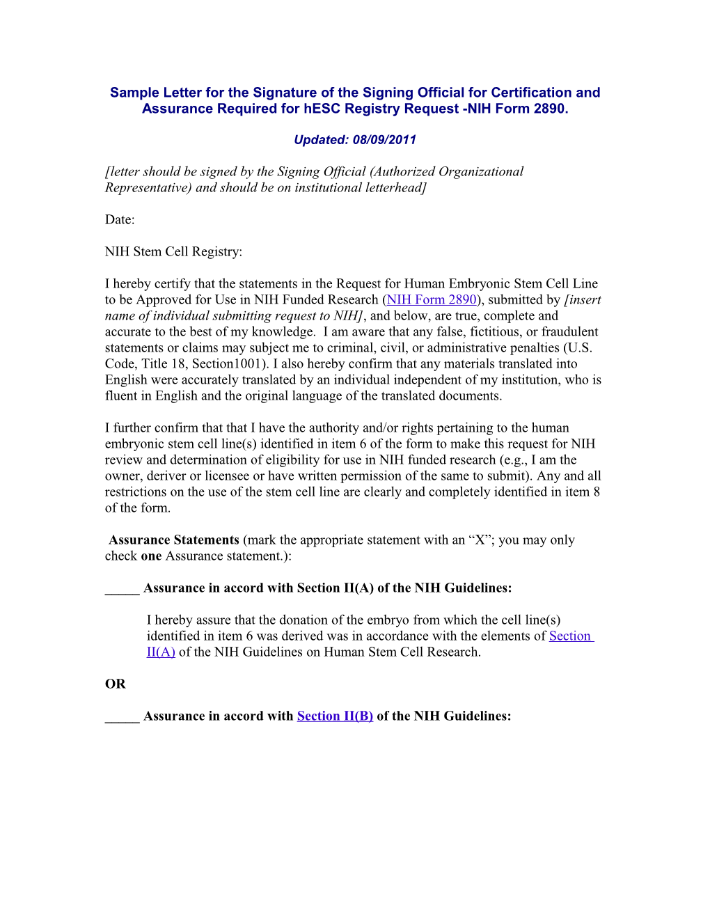 Sample Letter To The Signing Official For Verification Of Certification And Assurances On Hesc Registry Request On NIH Form 2890