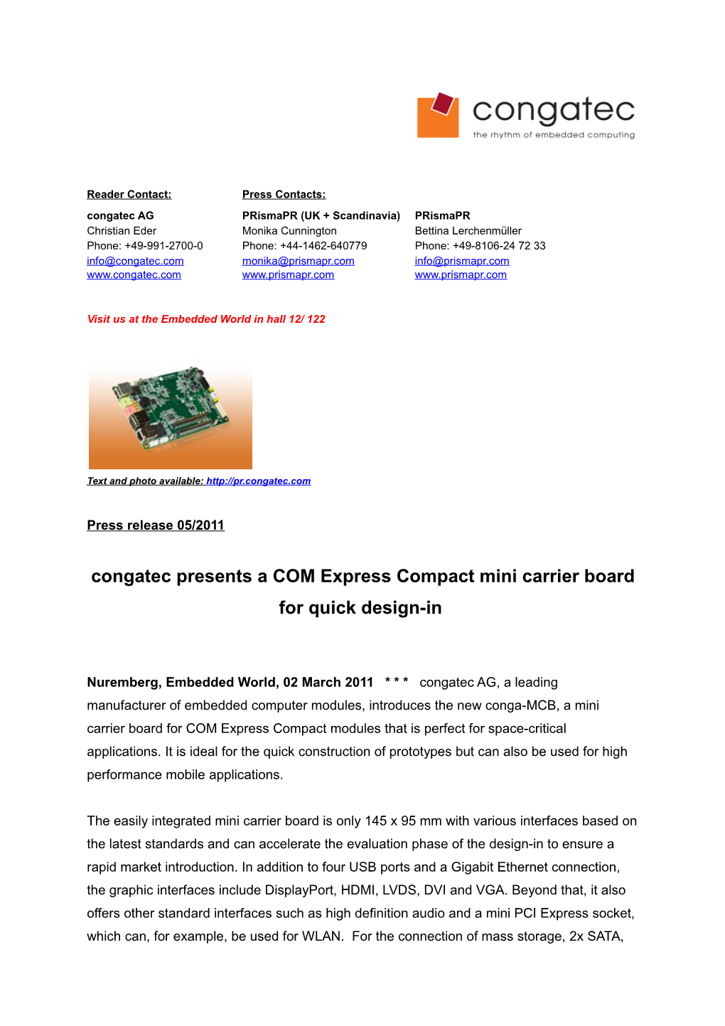 Congatec Presents a COM Express Compact Mini Carrier Board for Quick Design-In