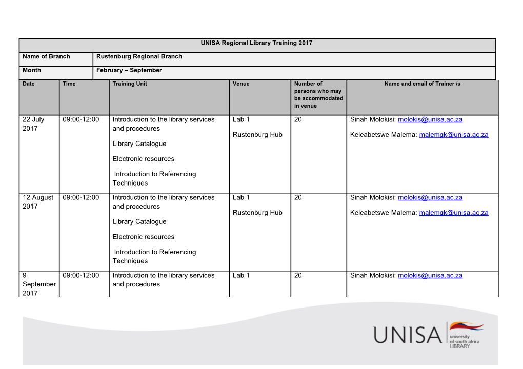 The Training Sessions Are for Registered Unisa Students Only and Booking Is Essential
