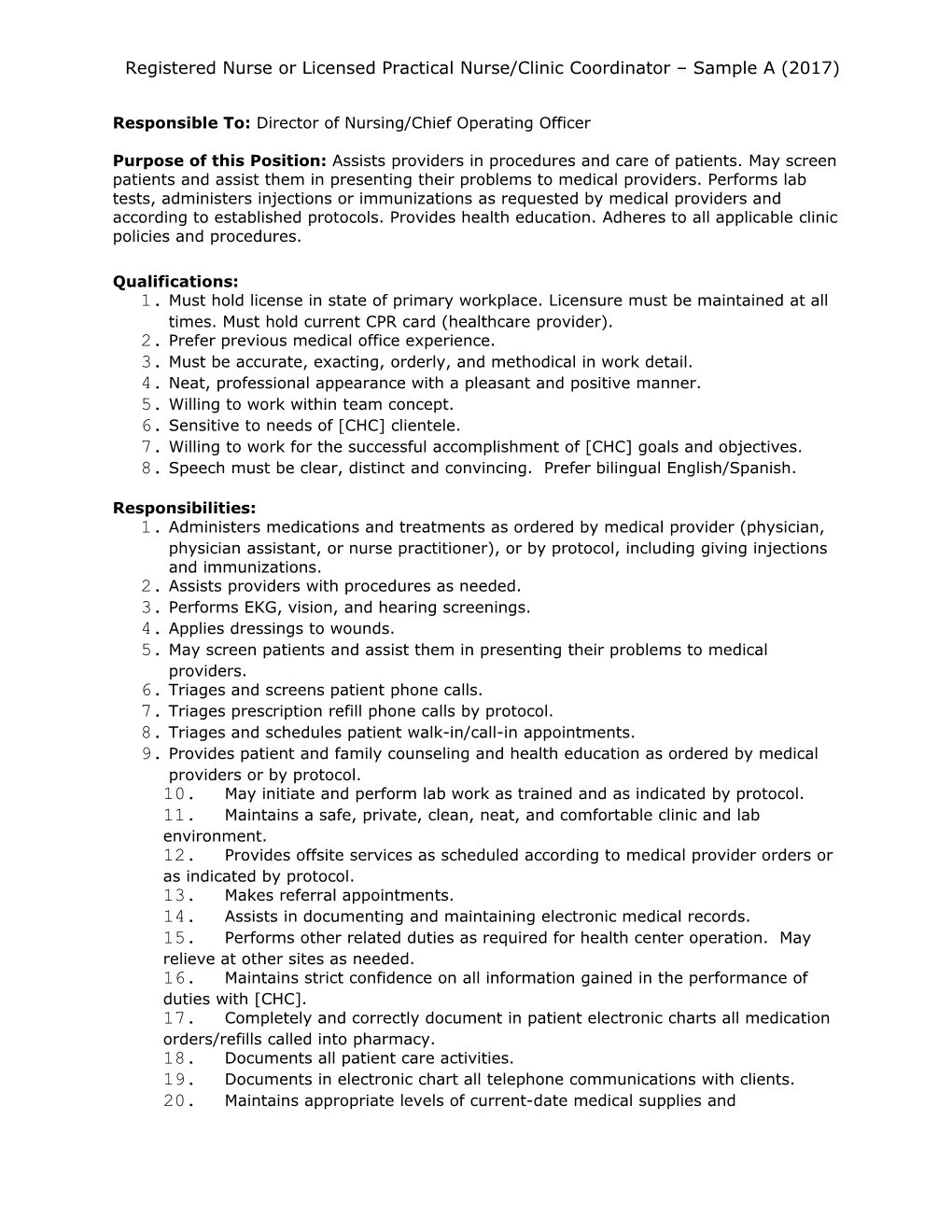 Registered Nurse Or Licensed Practical Nurse/Clinic Coordinator Sample a (2017)