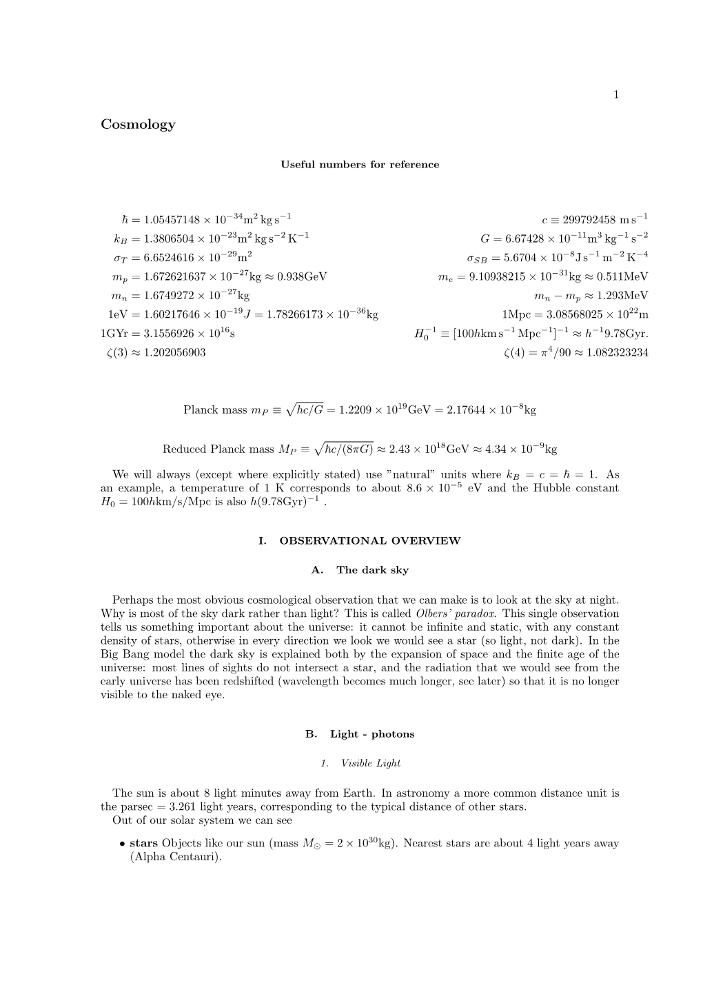 Cosmology Useful Numbers for Reference