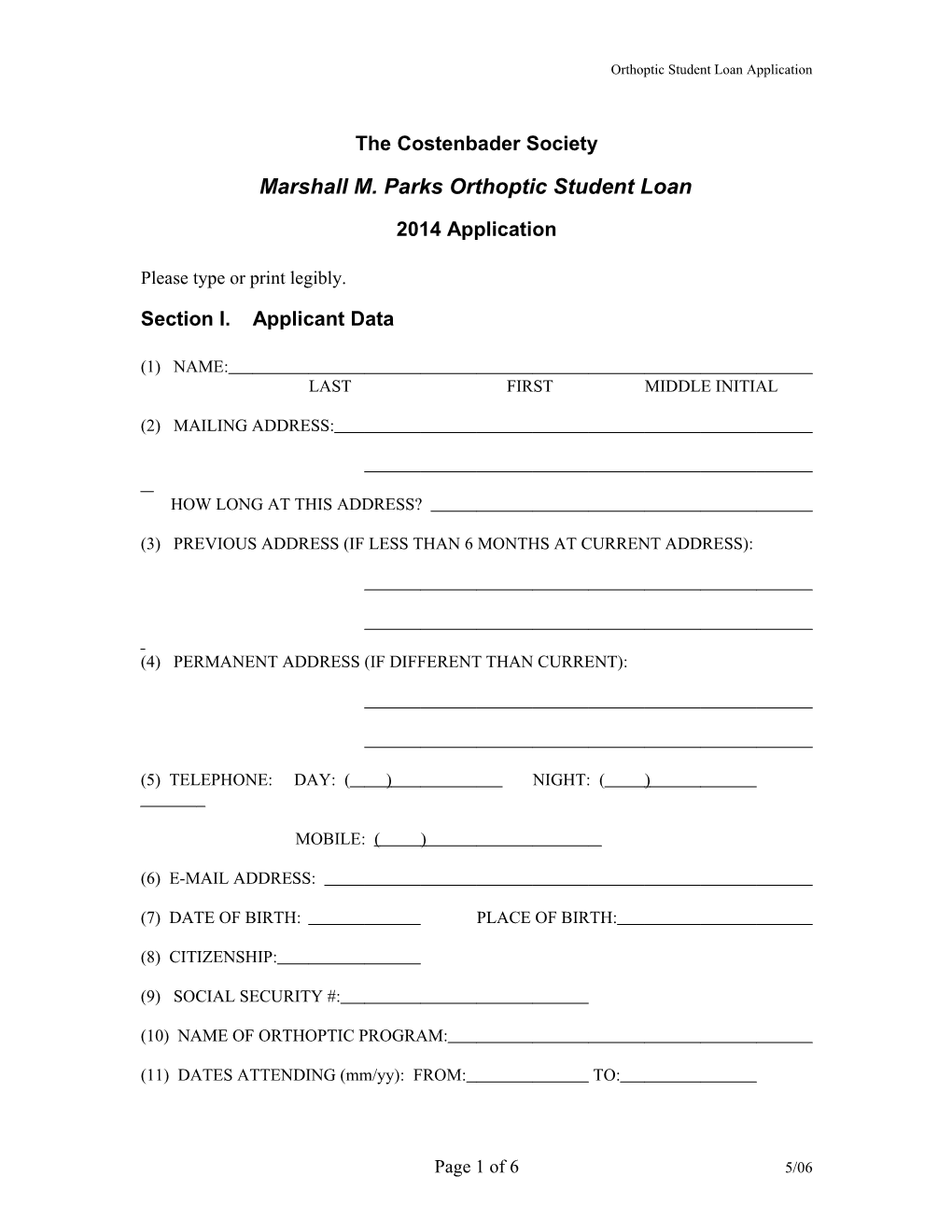 Orthoptic Student Loan Application