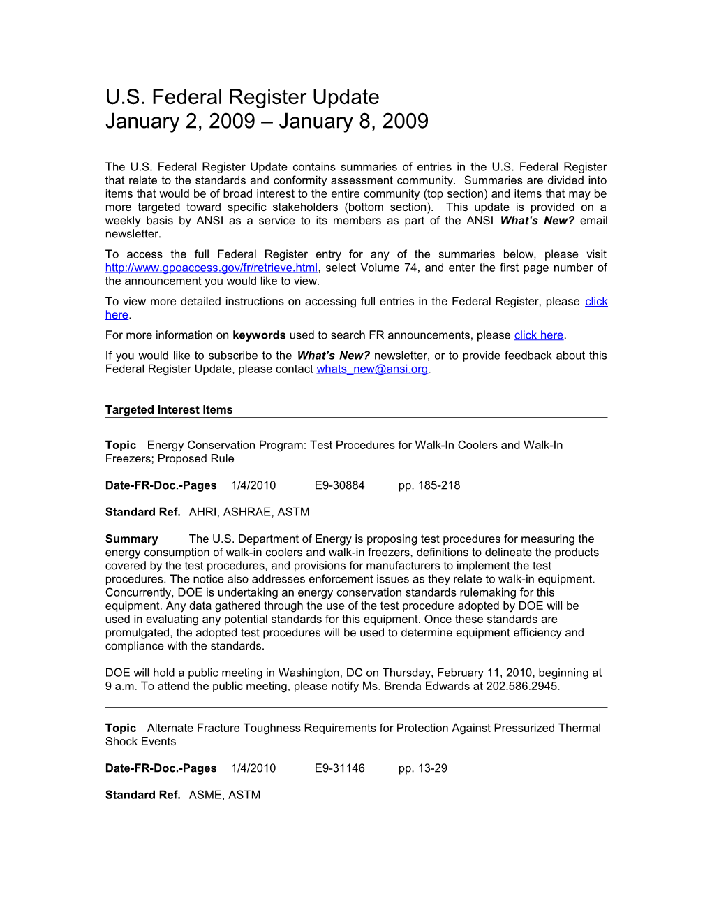 Standards and Trade Related Notices from the U.S. Federal Register, 01.08.2010