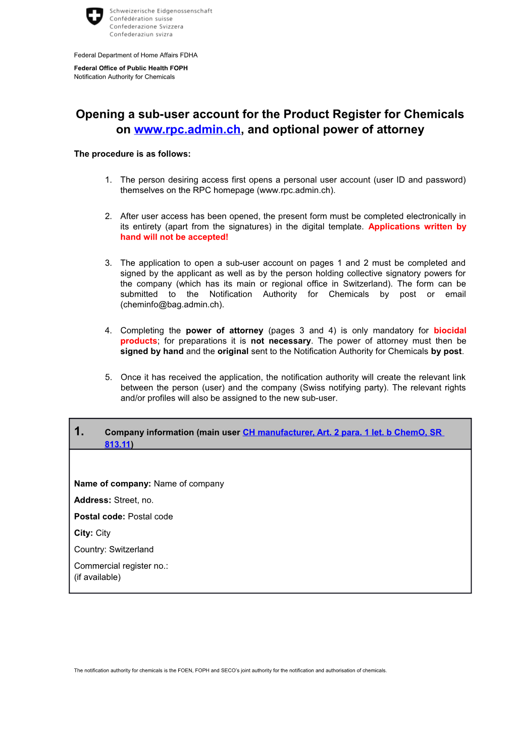 Opening a Sub-User Account for the Product Register for Chemicals on , and Optional Power