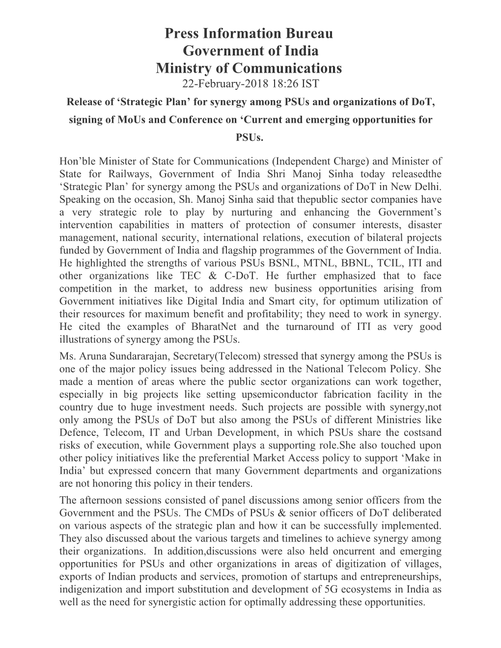 Release of Strategic Plan for Synergy Among Psus and Organizations of Dot, Signing Of