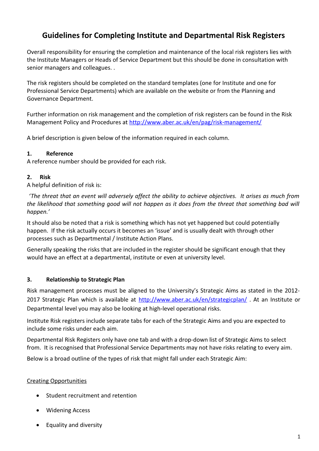 Guidelines for Completing Institute and Departmental Risk Registers