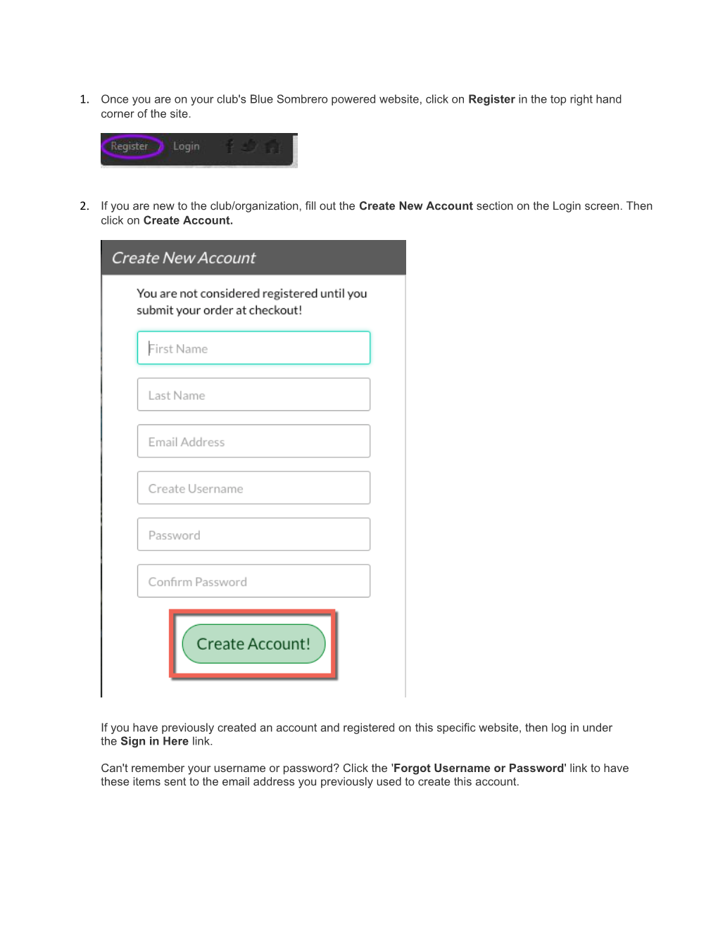 Once You Are on Your Club'sblue Sombrero Powered Website, Click Onregisterin the Top Right