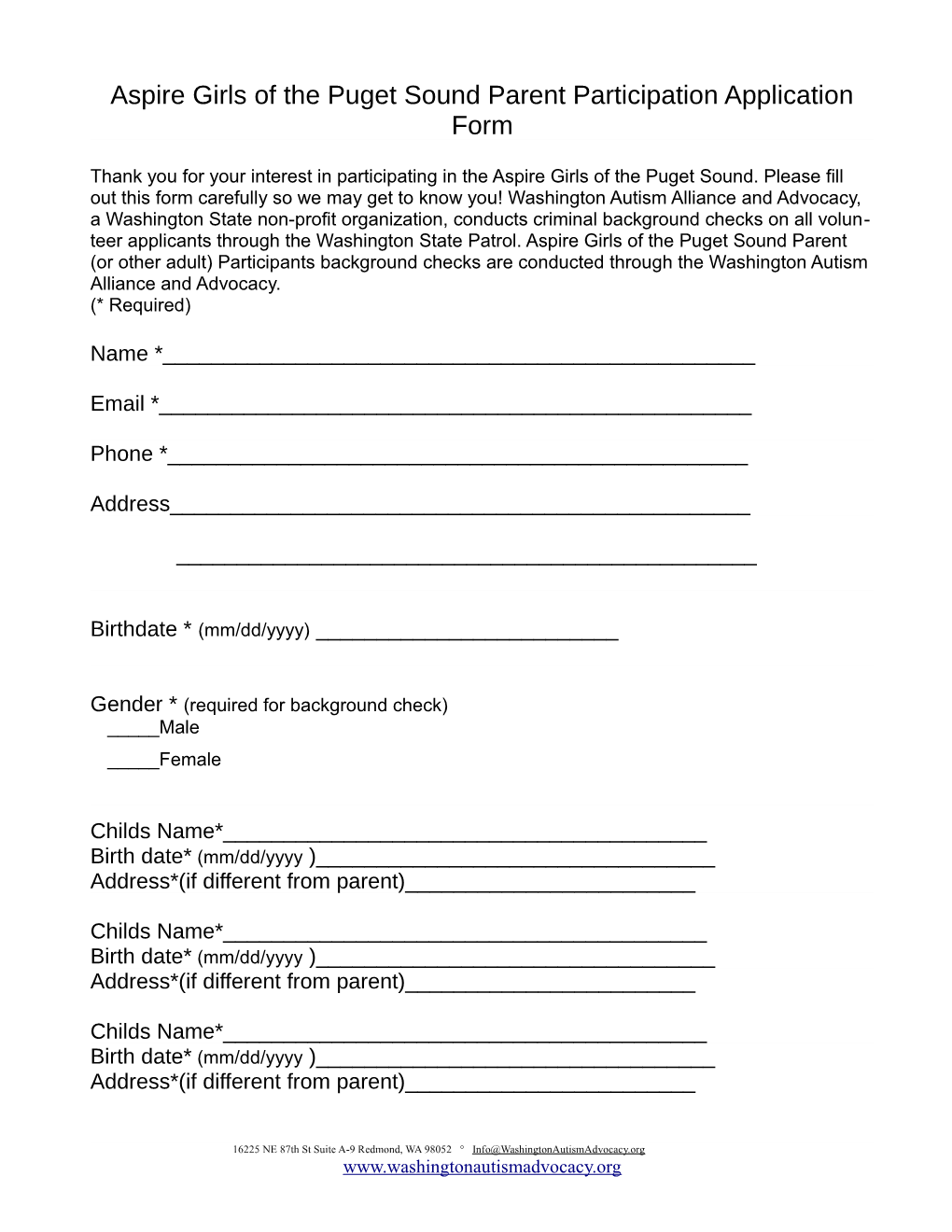 Aspire Girls of the Puget Sound Parent Participation Application Form