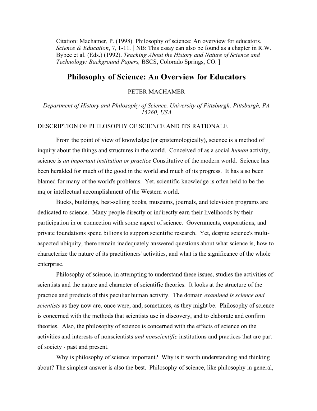 Philosophy of Science: an Overview for Educators