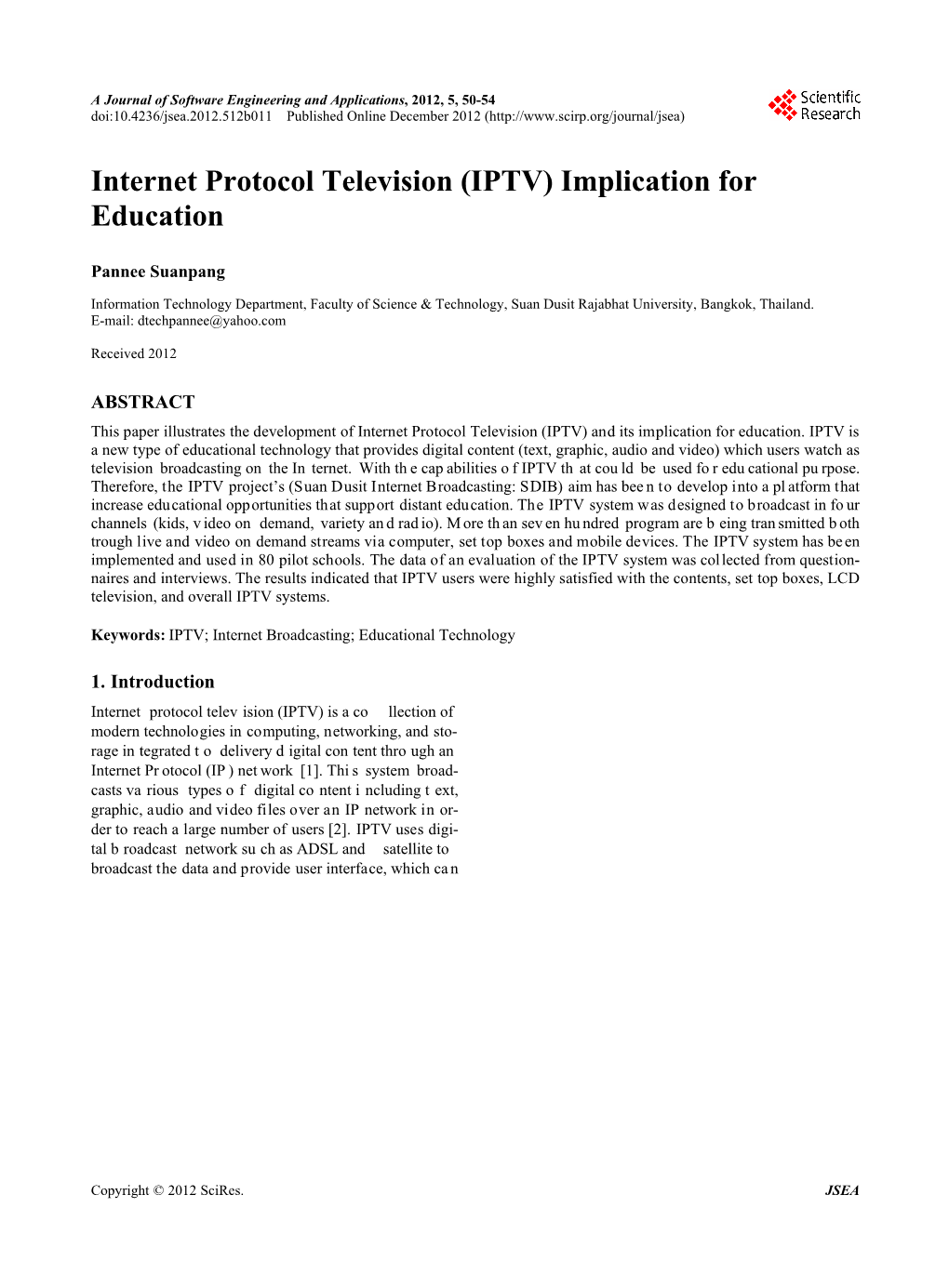 Internet Protocol Television (IPTV) Implication for Education