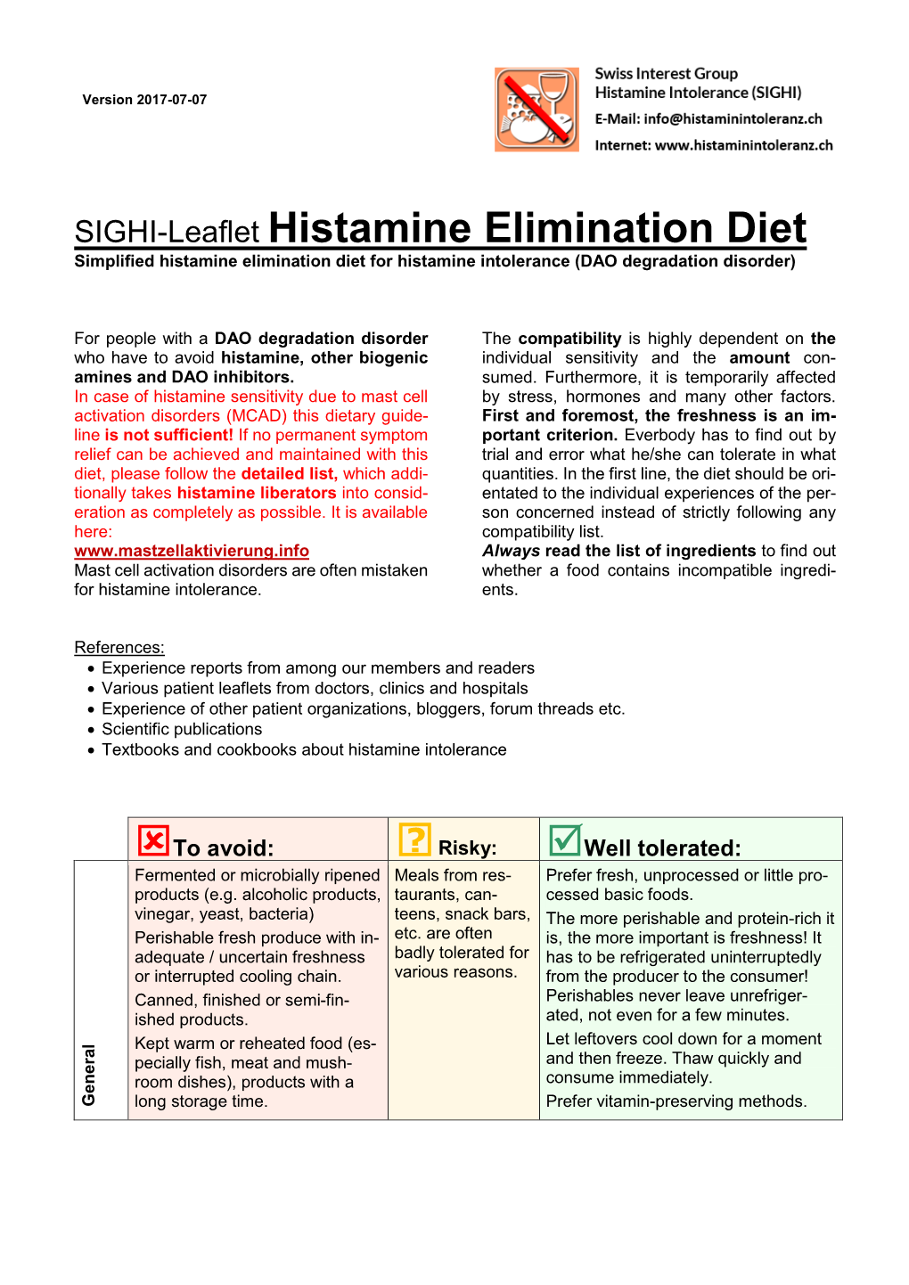 SIGHI-Leaflet Histamine Elimination Diet