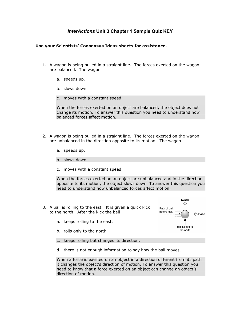 Physic Interactions Unit 3 Chapter 1 Sample Quiz KEY