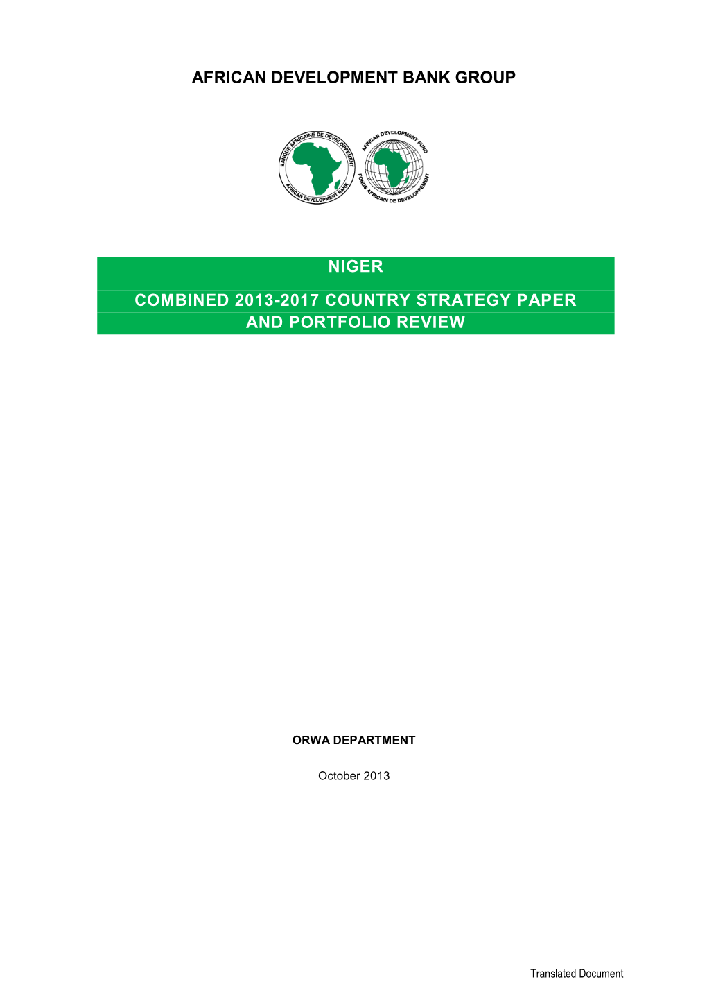 Niger Combined 2013-2017 Country Strategy Paper and Portfolio Review