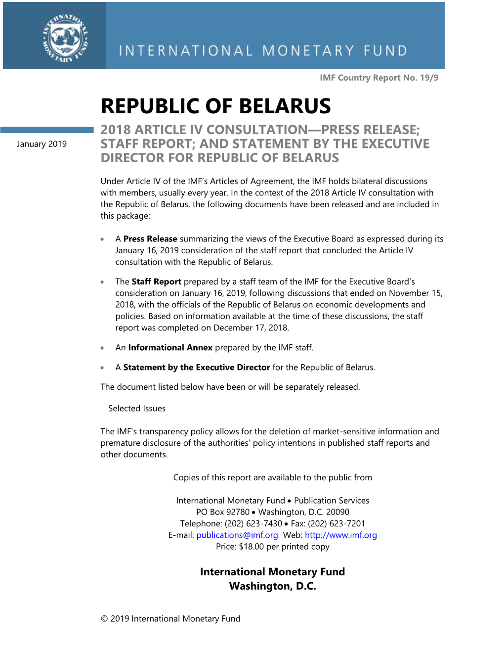 Republic of Belarus 2018 Article Iv Consultation