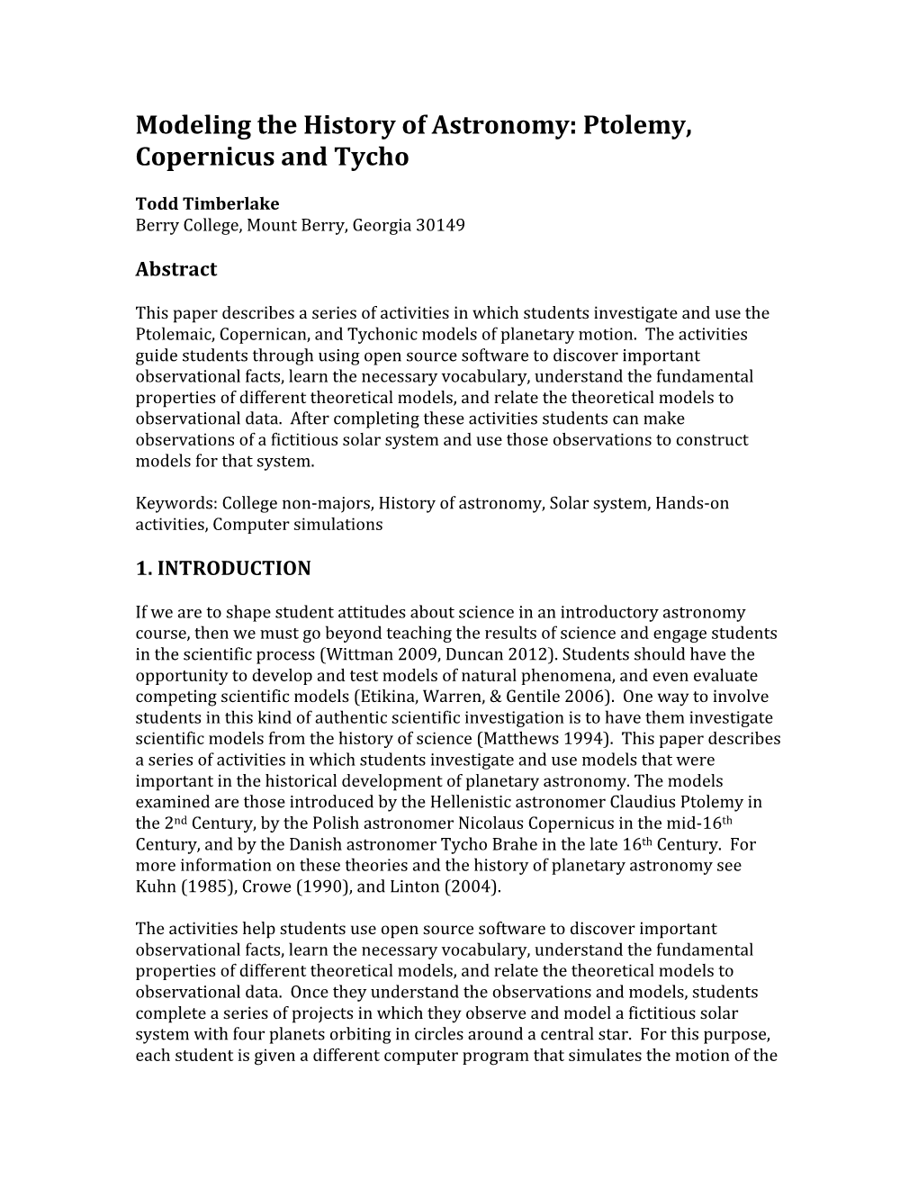 Modeling	the	History	of	Astronomy:	Ptolemy, Copernicus	and	Tycho