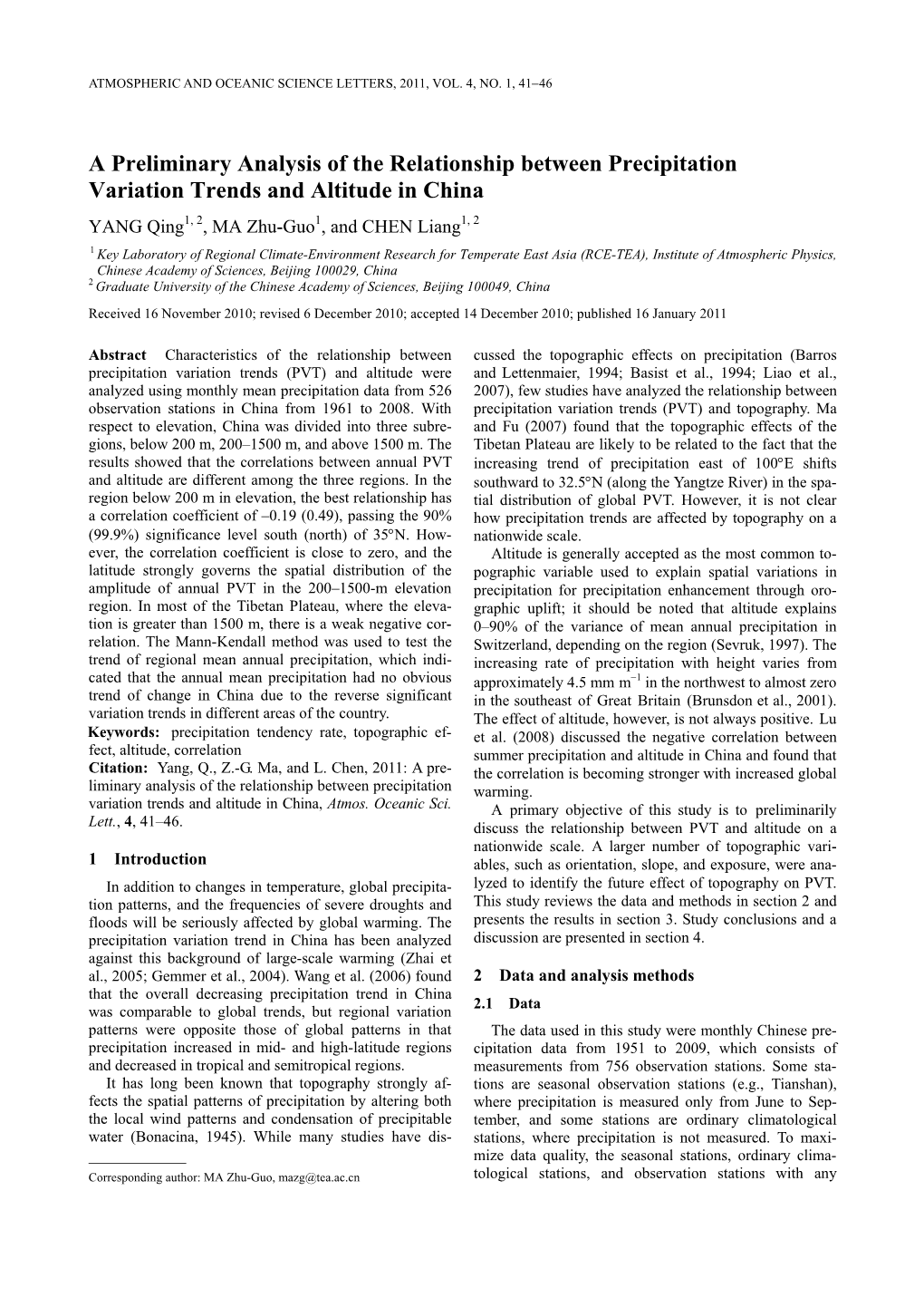 A Preliminary Analysis of the Relationship Between Precipitation Variation Trends and Altitude in China