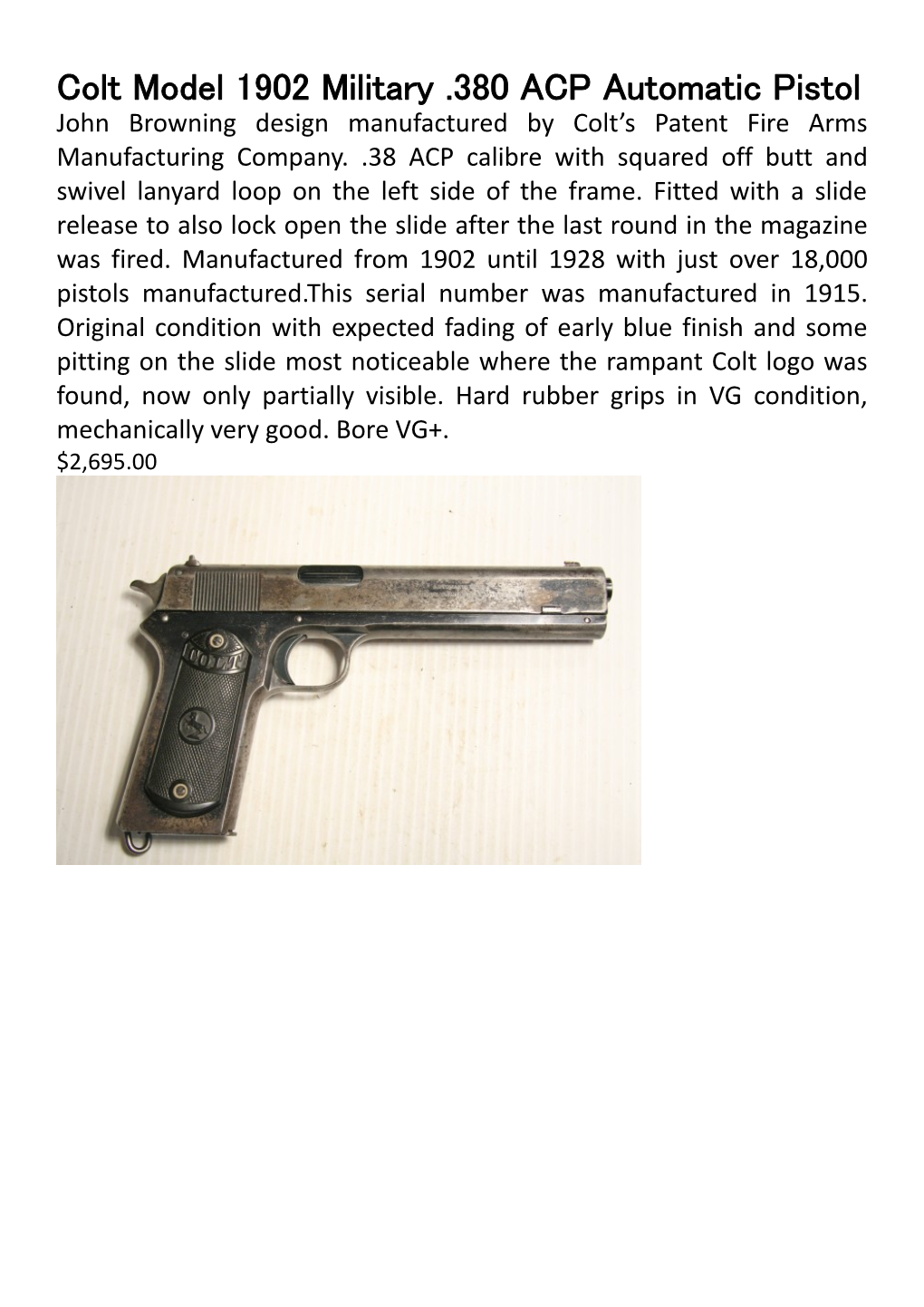 Colt Model 1902 Military .380 ACP Automatic Pistol