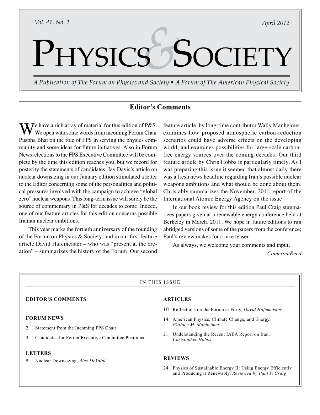 A Publication of the Forum on Physics and Society