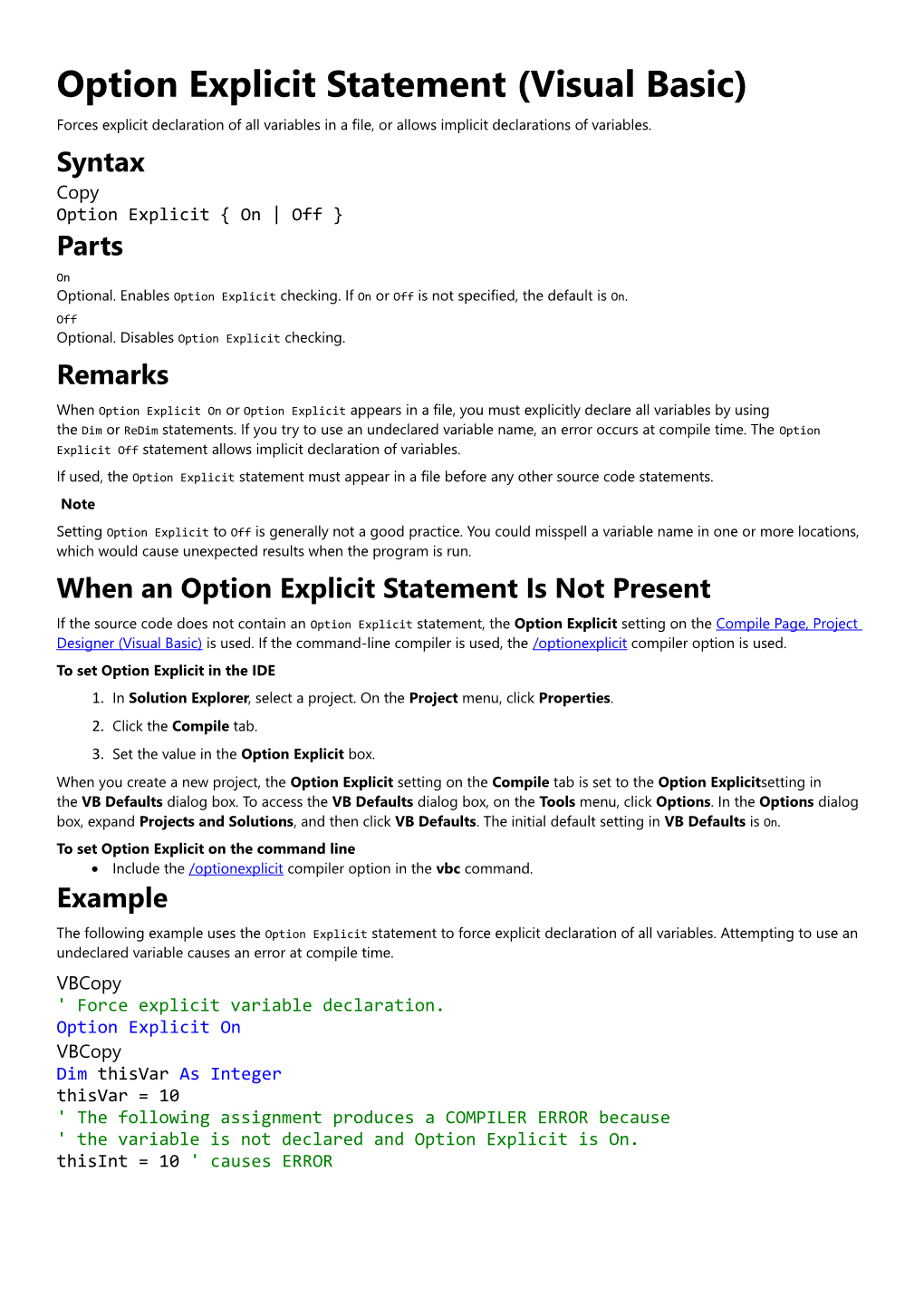 Option Explicit Statement (Visual Basic)