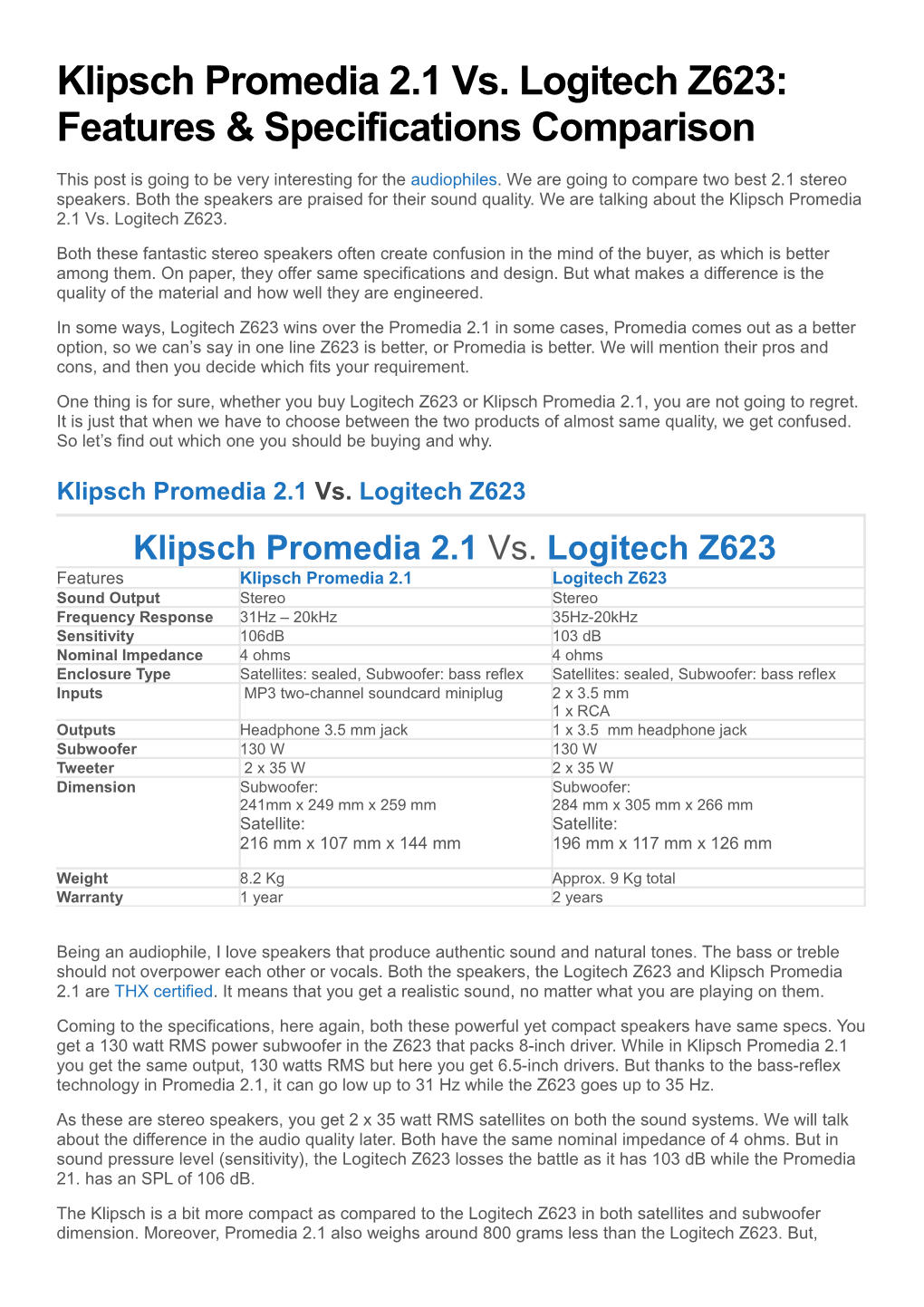 Klipsch Promedia 2.1 Vs. Logitech Z623 Features & Specifications Comparison