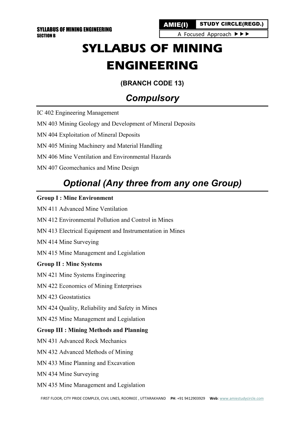 Syllabus of Mining engineering (Branch Code 13)