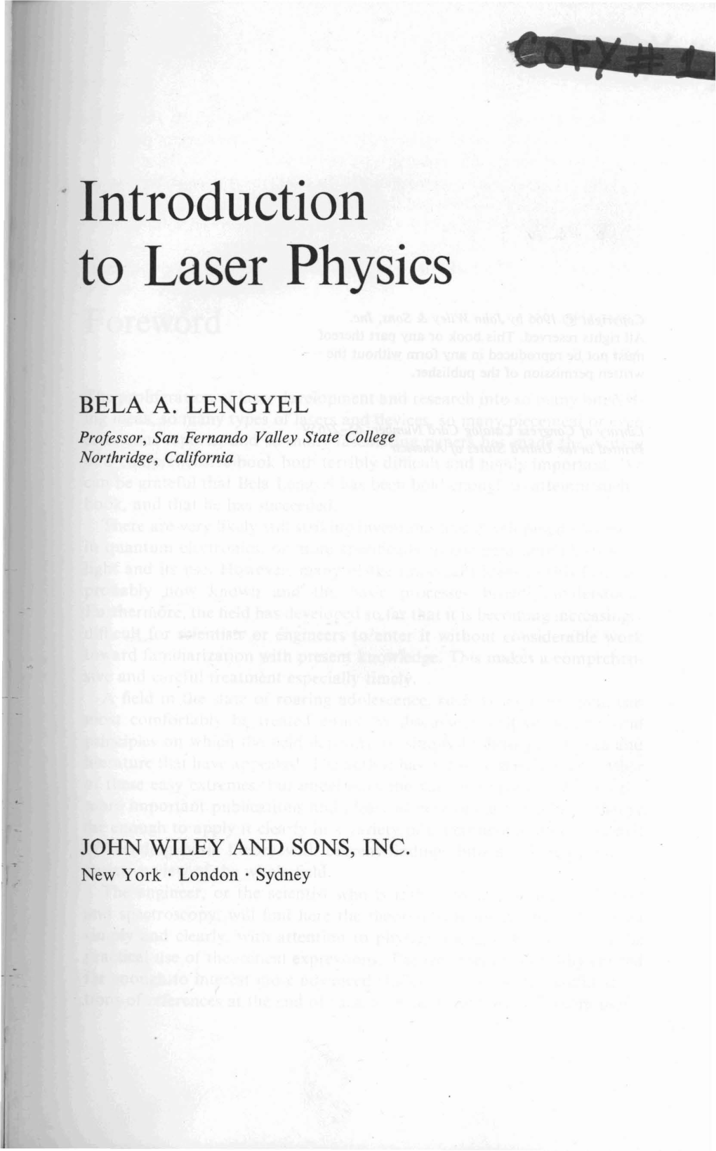 Introduction to Laser Physics