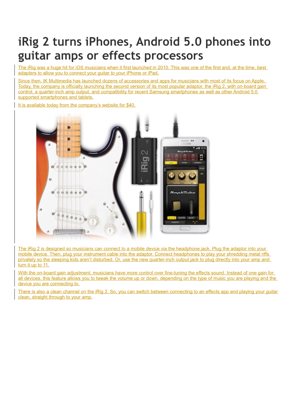 Irig 2 Turns Iphones, Android 5.0 Phones Into Guitar Amps Or Effects Processors