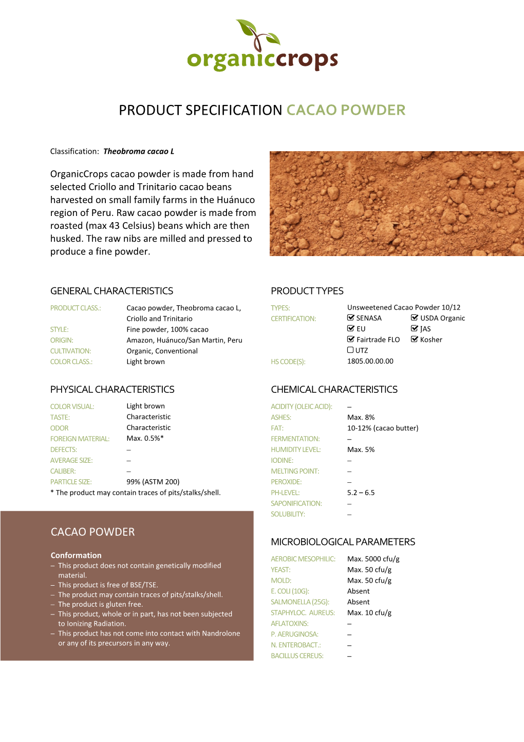 Product Specification Cacao Powder