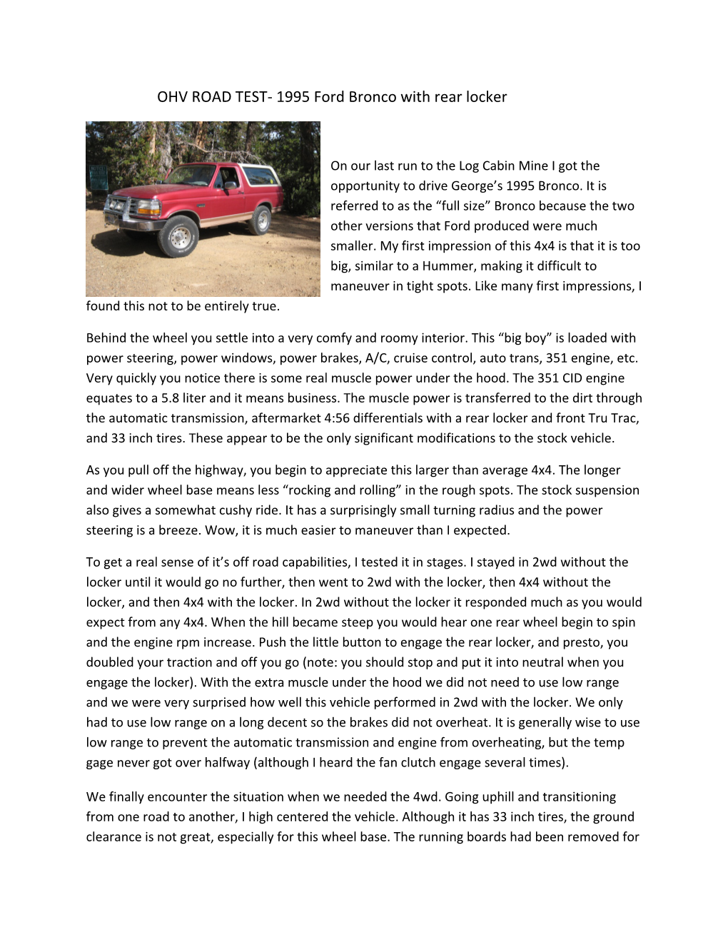 OHV ROAD TEST‐ 1995 Ford Bronco with Rear Locker