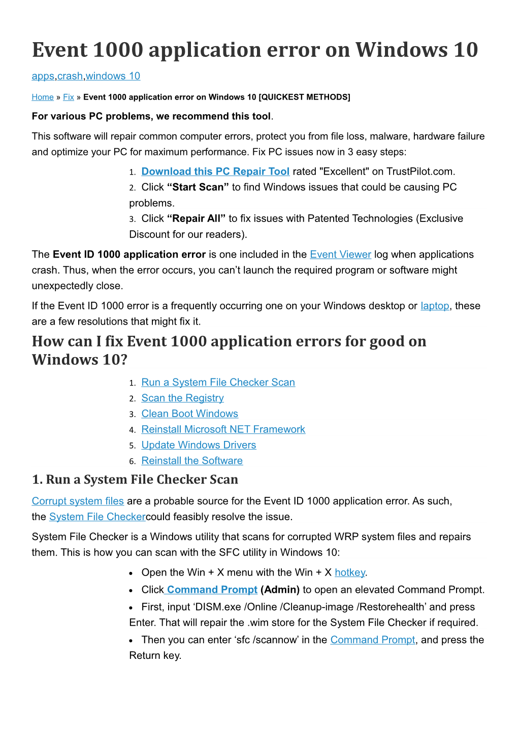 Event 1000 Application Error on Windows 10