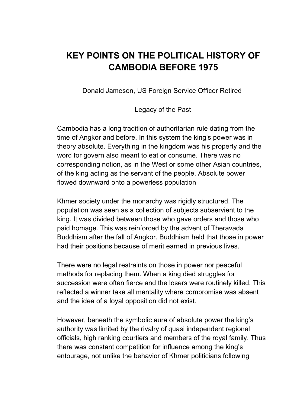 Key Points on the Political History of Cambodia Before 1975