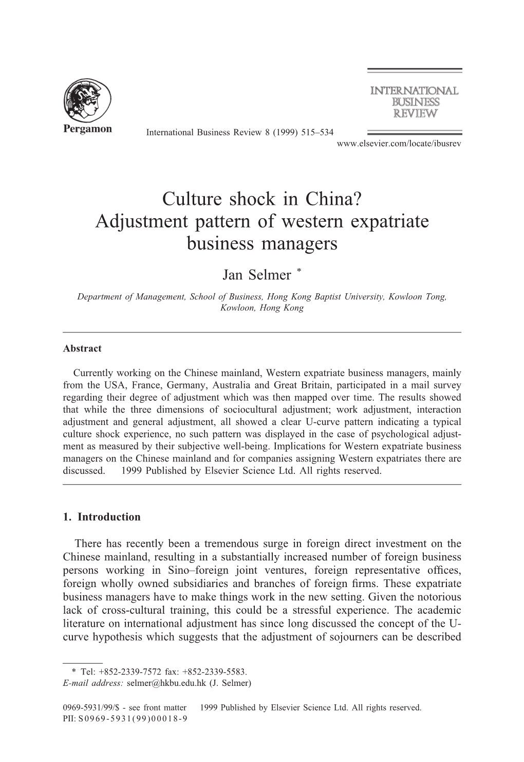 Culture Shock in China? Adjustment Pattern of Western Expatriate Business Managers